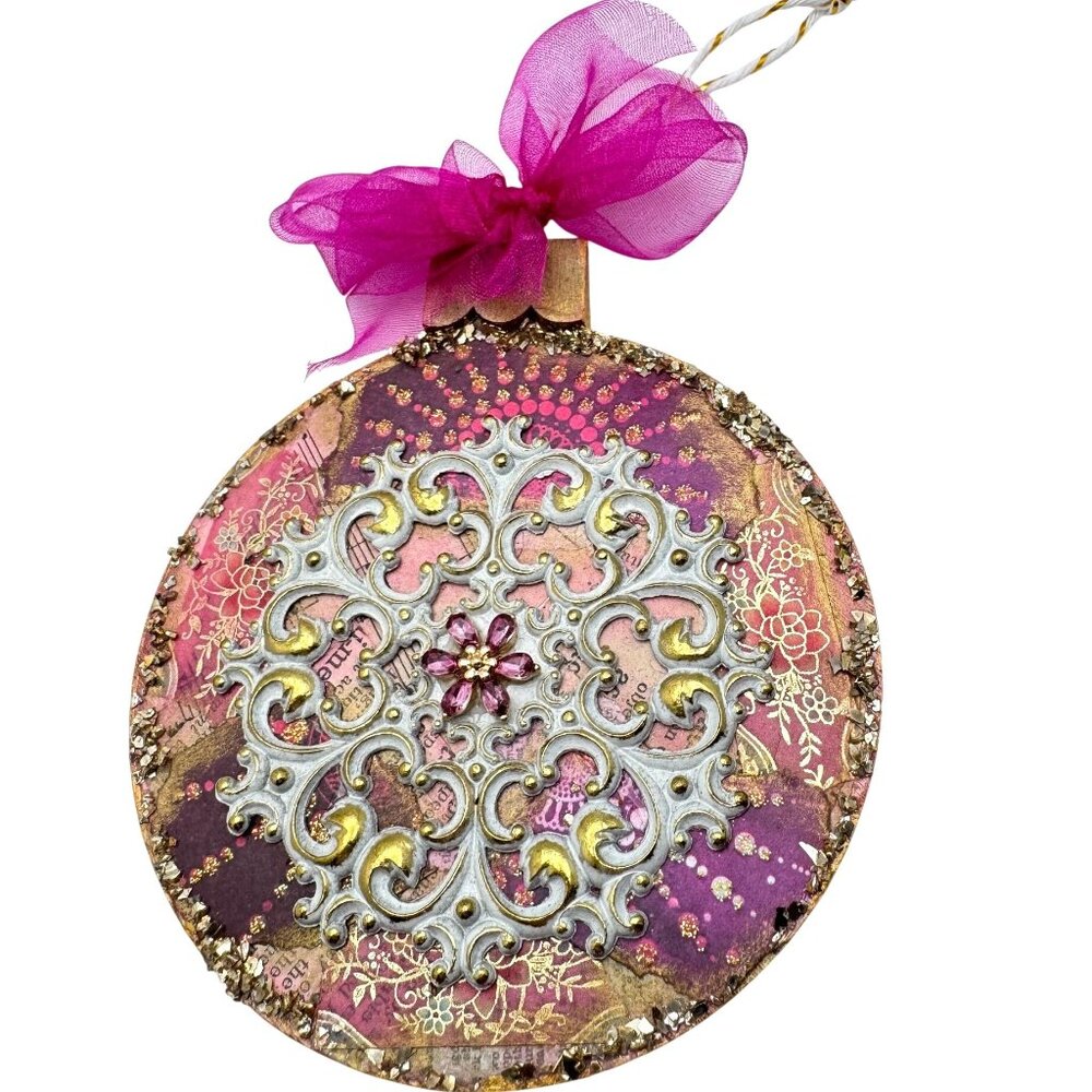 Handcrafted Ornament OOAK Collage Gold White Pink Purple Accents 3" Ribbon